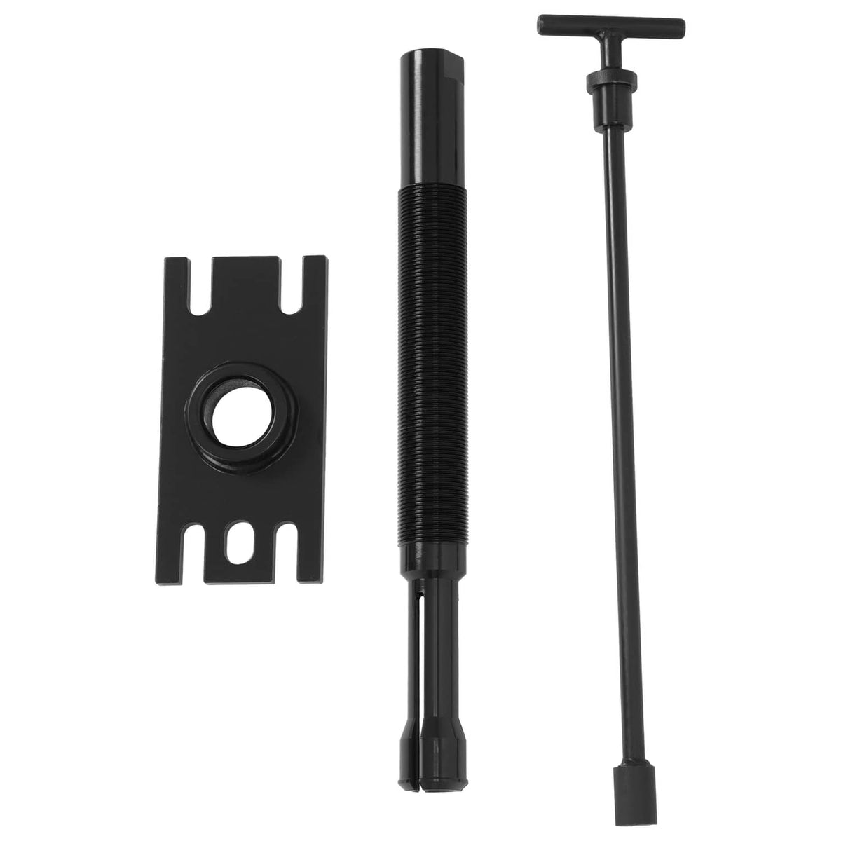 Bearing puller assembly with threaded cylinder, handle rod, and mounting block, black