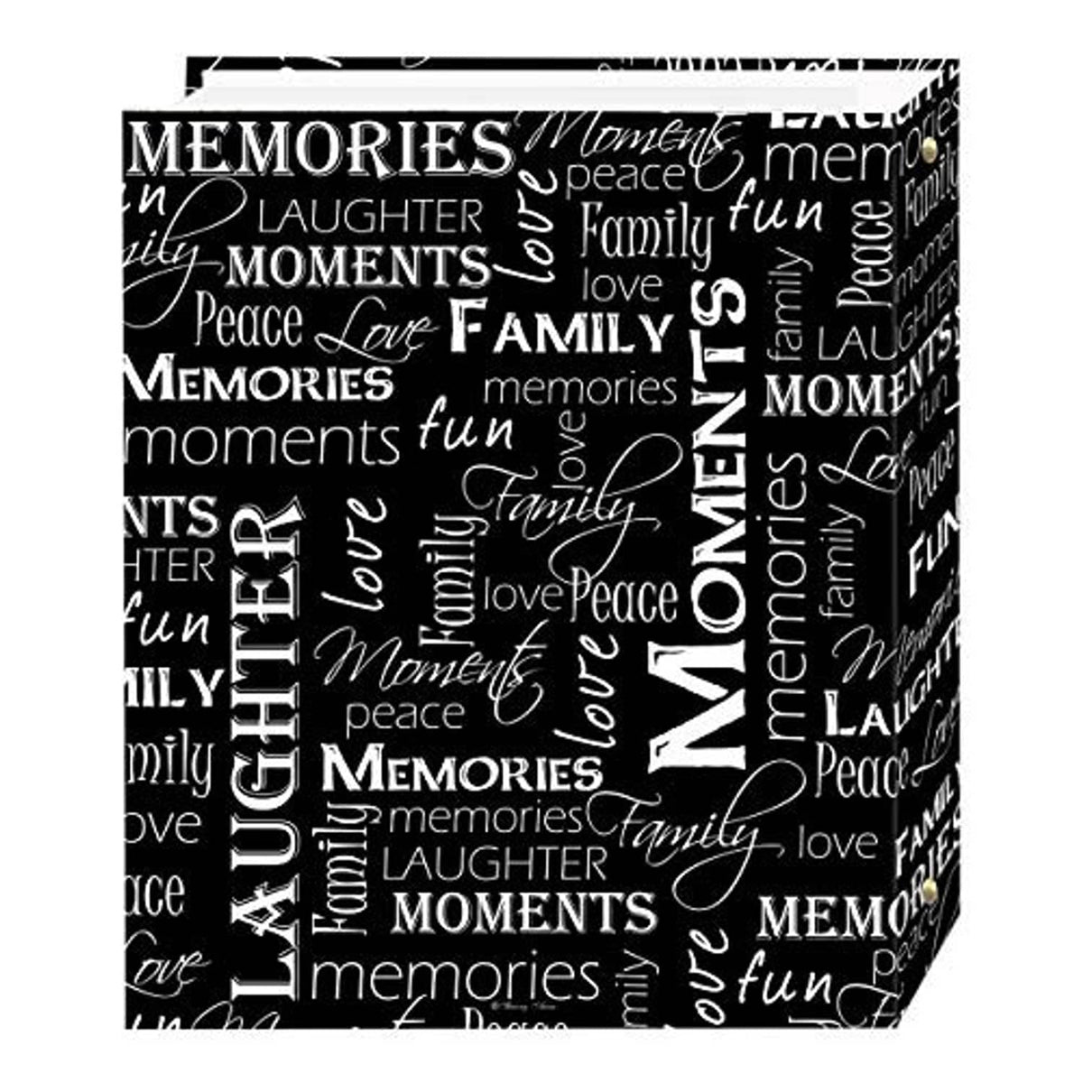 Black 3-ring photo album cover with 'MEMORIES' and 'Love' script typography close-up