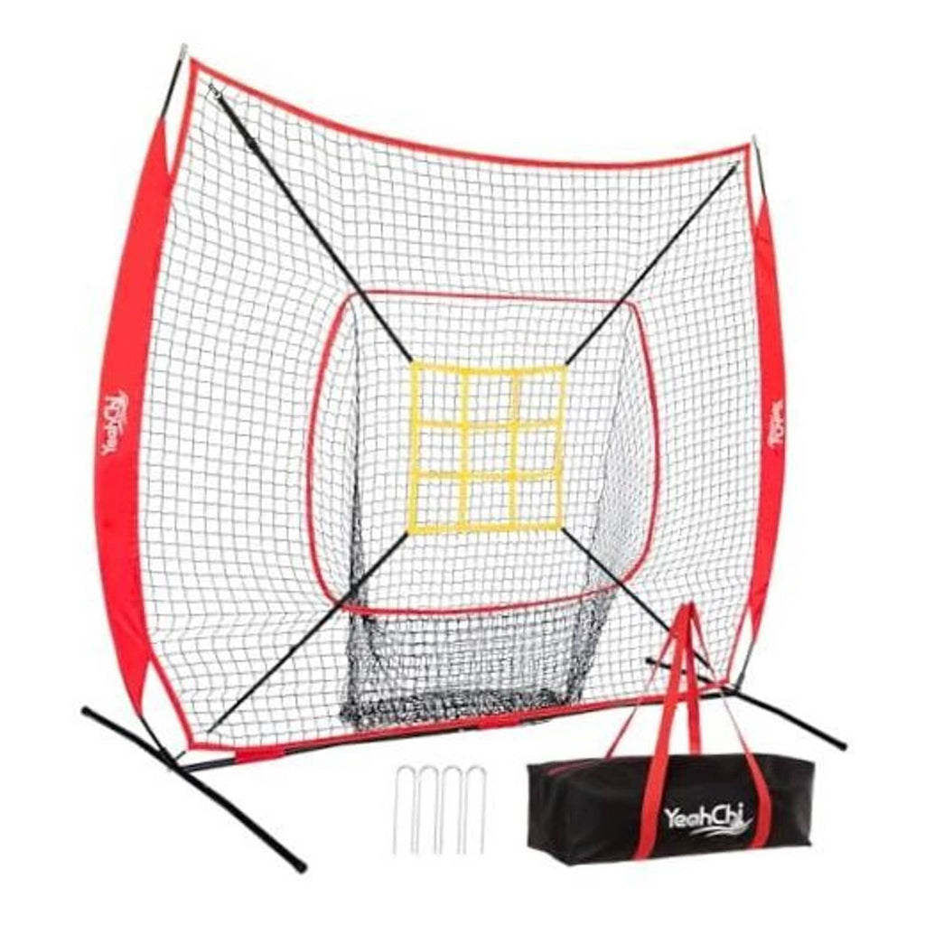 7x7 ft baseball pitching net with red frame, white mesh, and yellow strike zone target