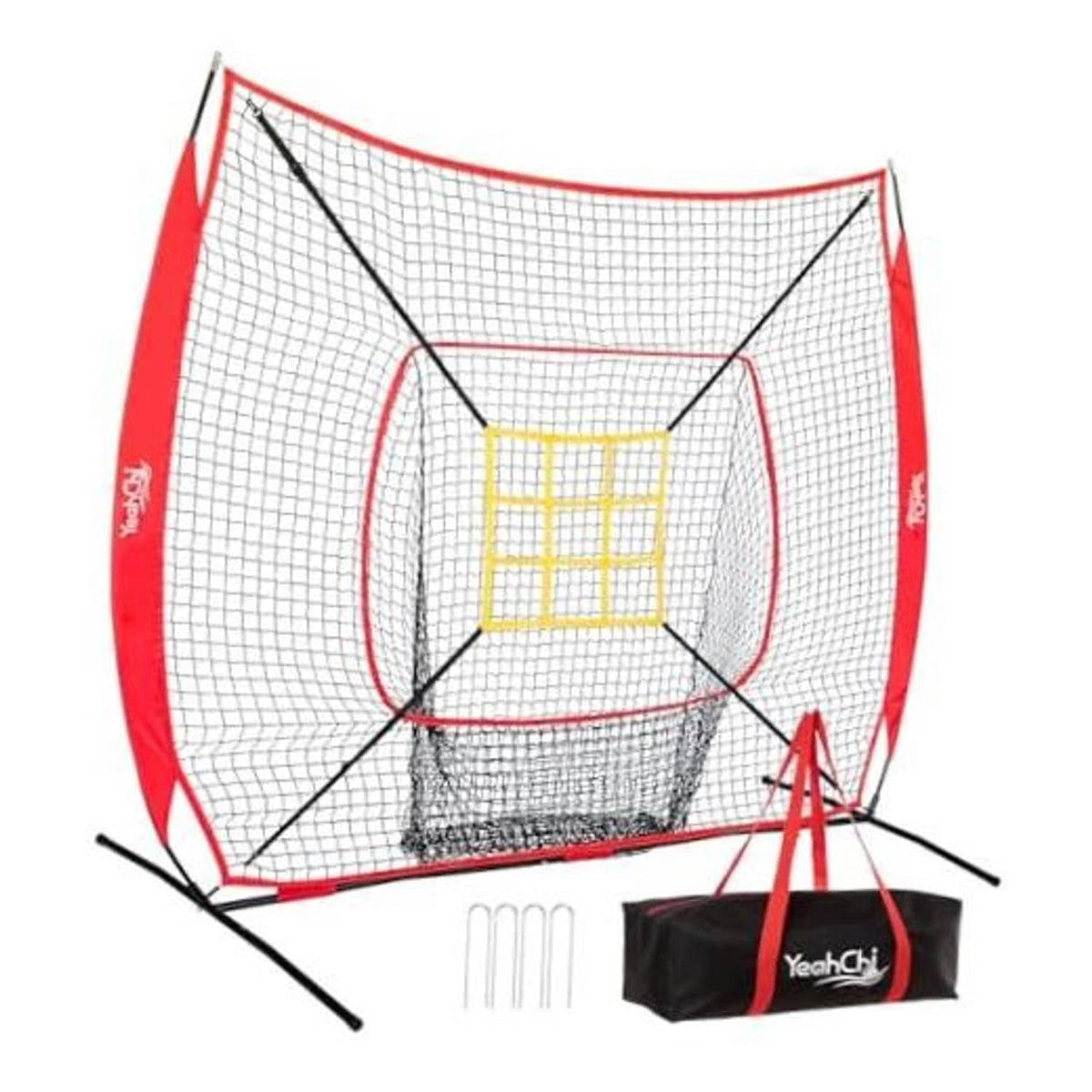 7x7 ft baseball pitching net with red frame, white mesh, and yellow strike zone target