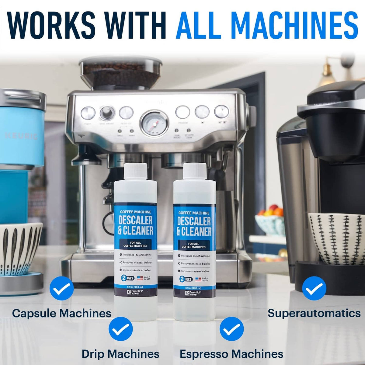 Coffee machine descaler & cleaner bottles, blue labels, works icons for machines