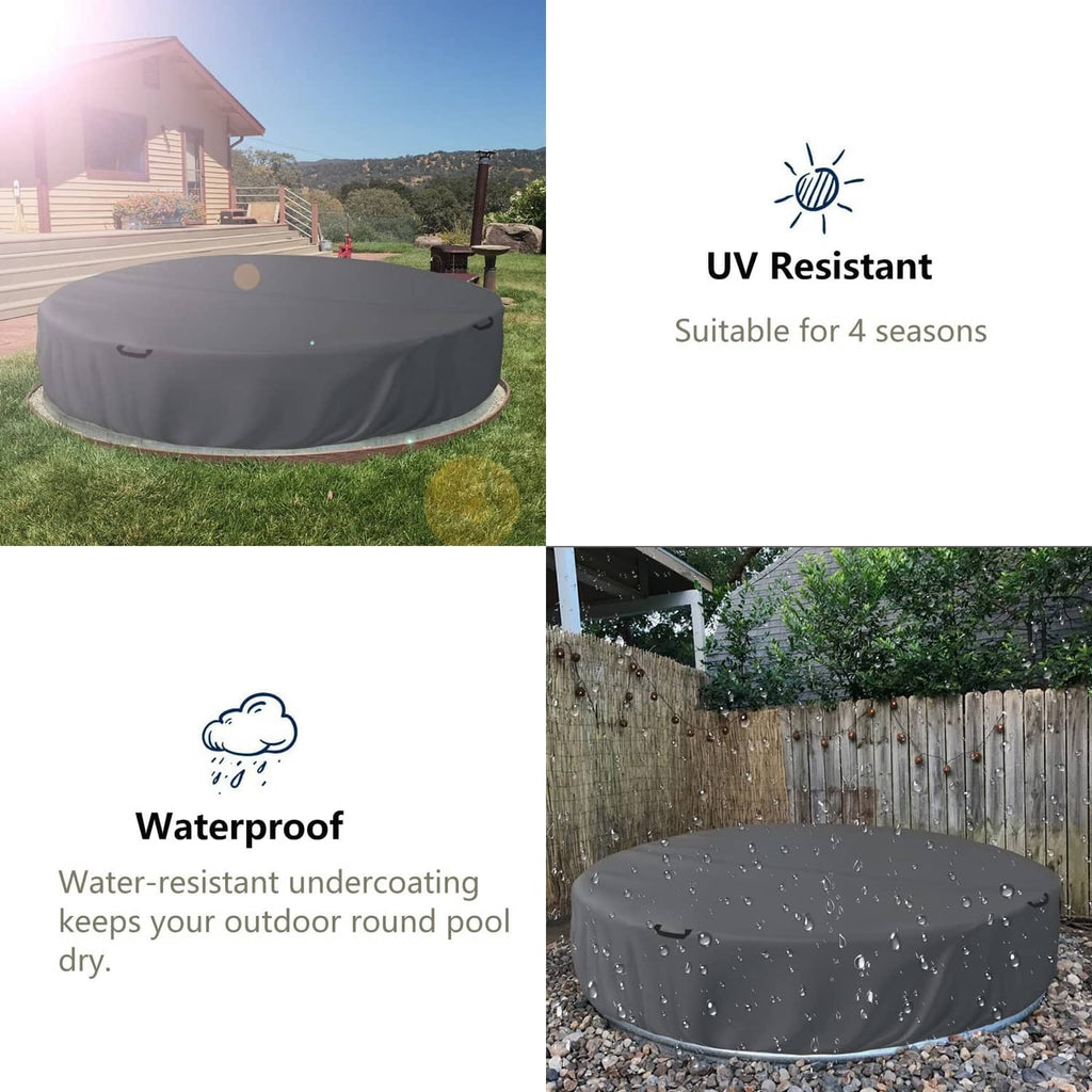 Grey round stock tank pool cover with water-repellent texture and drawstring tabs.