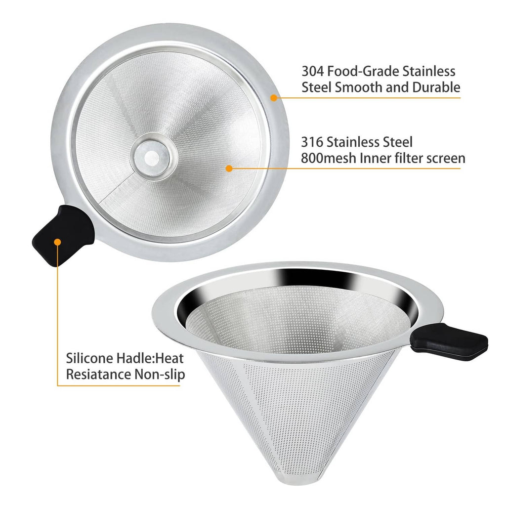 Stainless steel pour-over dripper with 800-mesh inner filter screen and black silicone handle