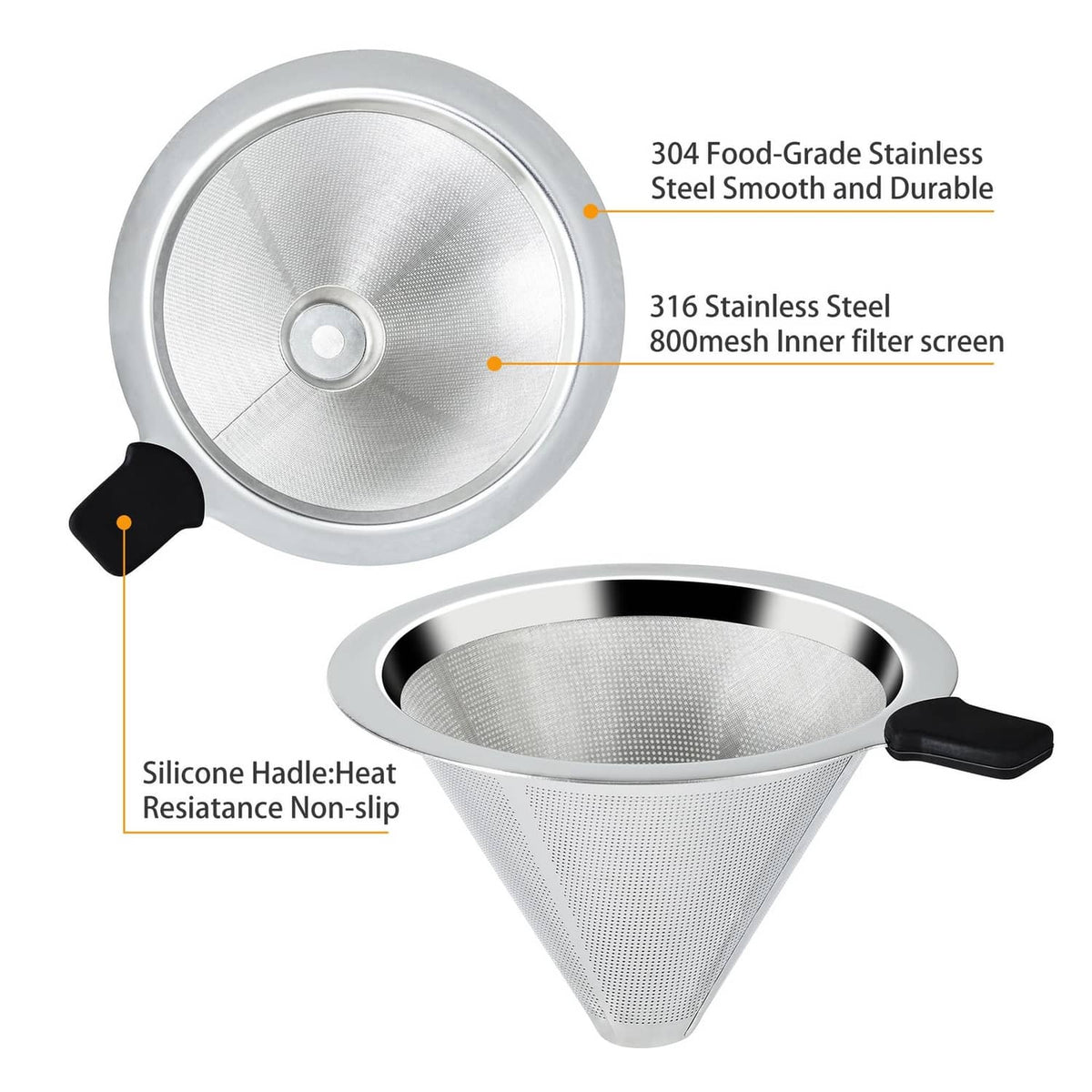 Stainless steel pour-over dripper with 800-mesh inner filter screen and black silicone handle