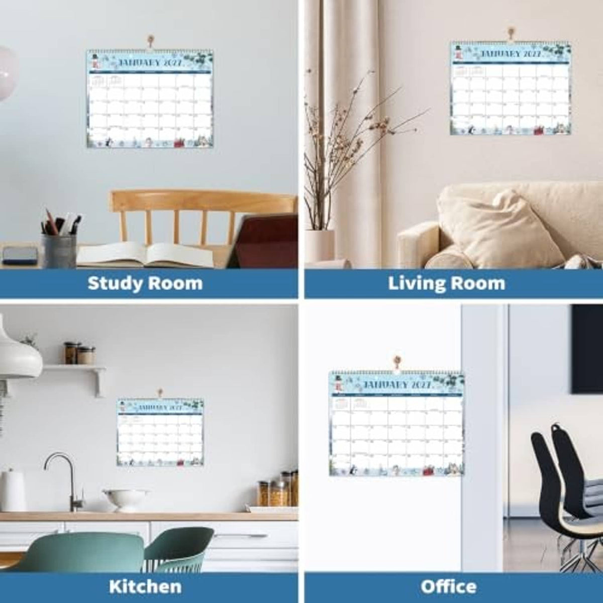 Wall calendar shown mounted in multiple rooms, each with a January 2027 date grid