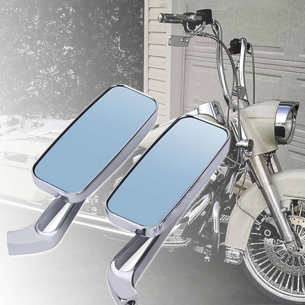 Motorcycle rectangular side mirrors with blue tinted glass, mounted on chrome stems