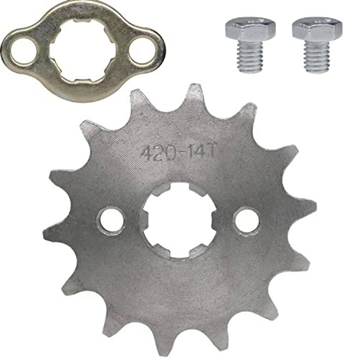 Steel front sprocket gear with mounting plate and two screws