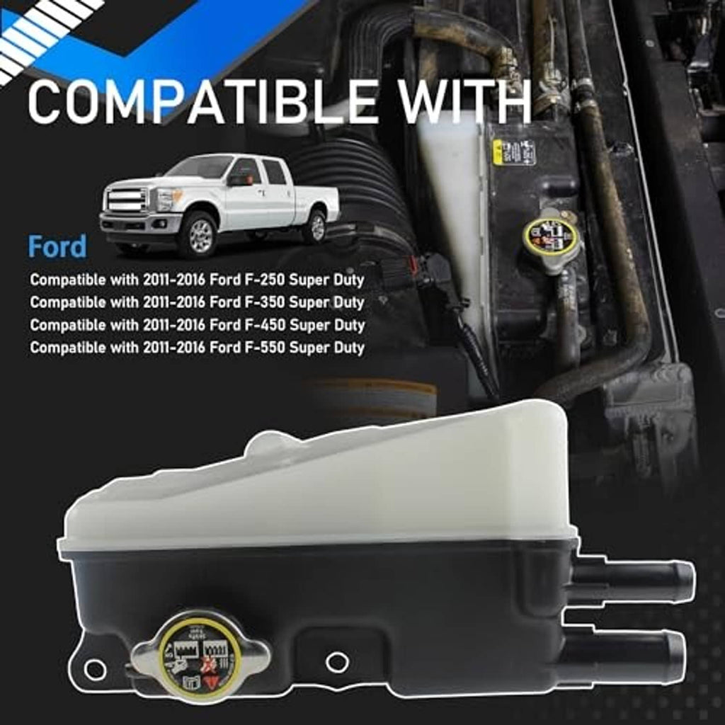 Engine coolant reservoir tank with cap, translucent top and black lower housing with side outlets