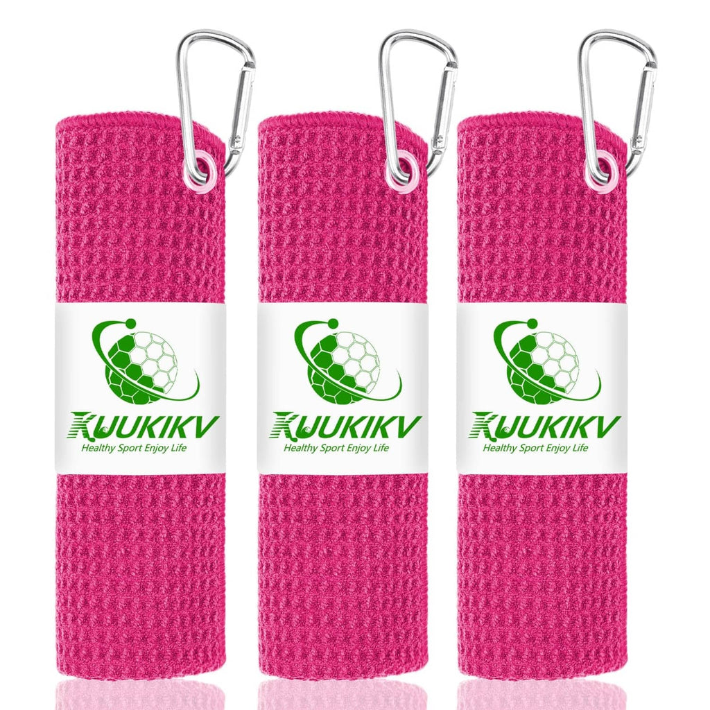 KUUKIKV 3-pack pink golf towels, each with a metal hook clip for attachment
