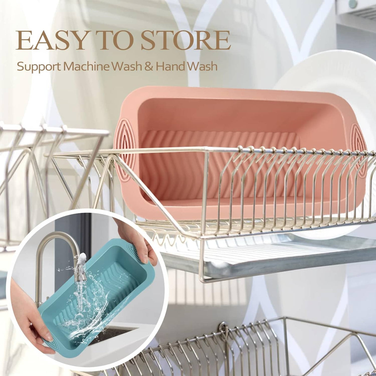 Pink silicone loaf pan on drying rack, ribbed walls and side supports