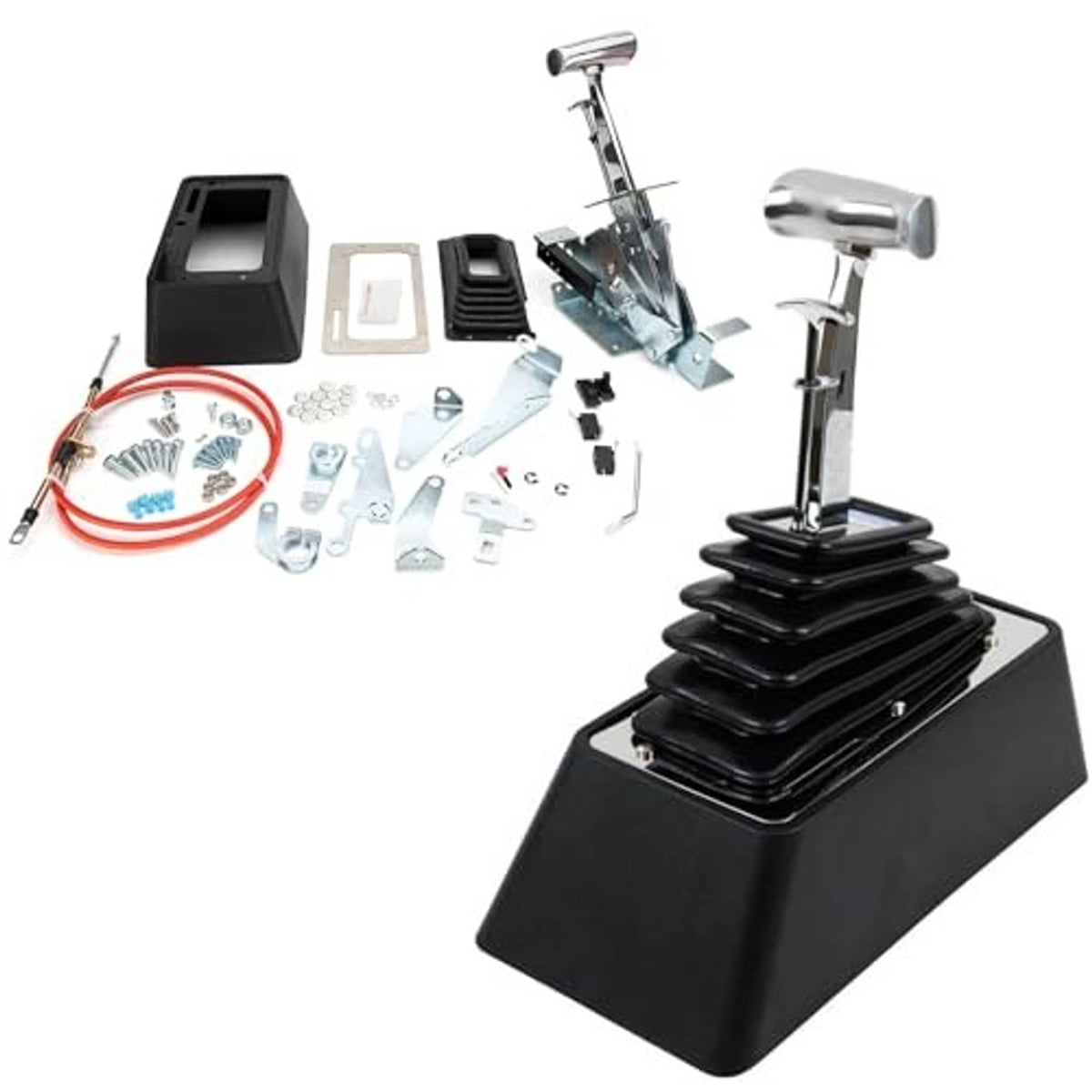 Automatic shifter kit with chrome shift handle, black base, and accessory components