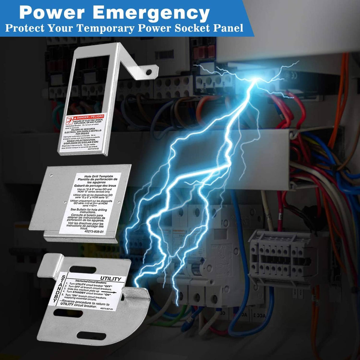 Generator interlock kit mounted in an electrical panel with labeled metal bracket parts