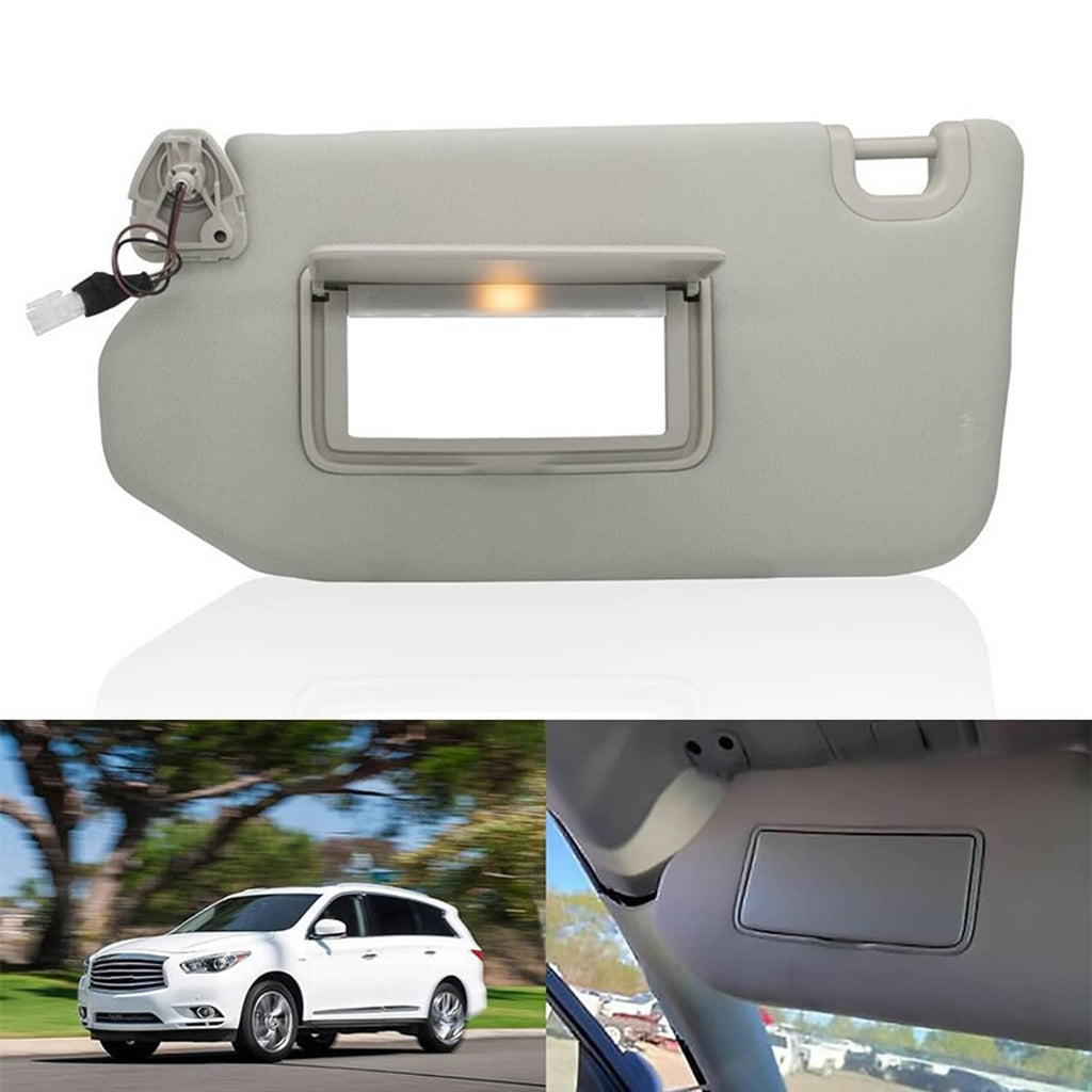 Gray left driver sun visor with built-in lamp and rectangular light panel