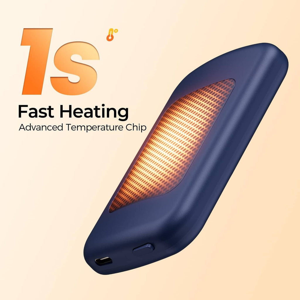 Blue rechargeable hand warmer with orange heating mesh and digital temperature screen.