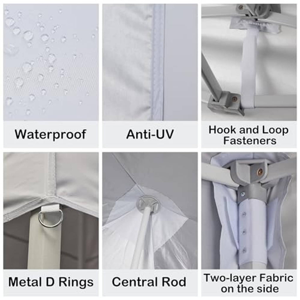 White two-layer canopy fabric with reinforced seams, hook-and-loop, and water shedding look