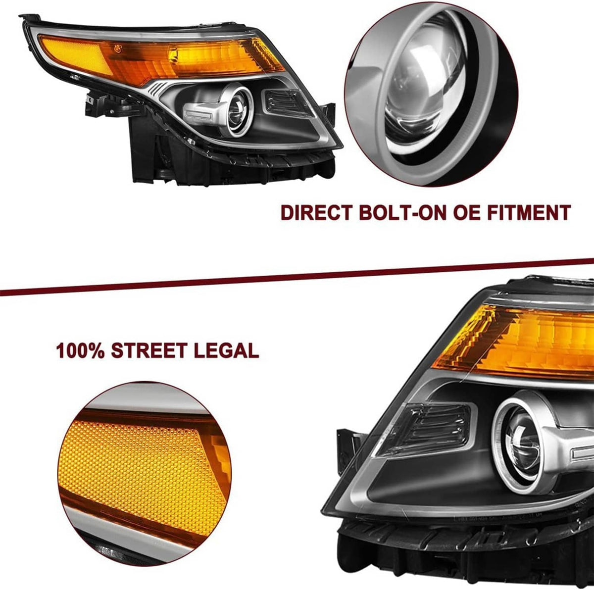 Projector headlight with amber turn-signal lens and bulb lens insert