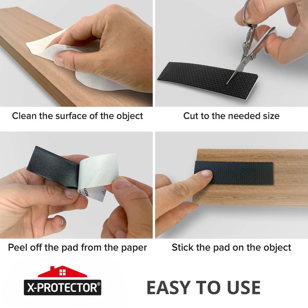 Black non-slip rubber strip pad applied to wood, adhesive backing being peeled