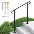 Outdoor stair handrail set with two black carbon steel posts and curved top rail