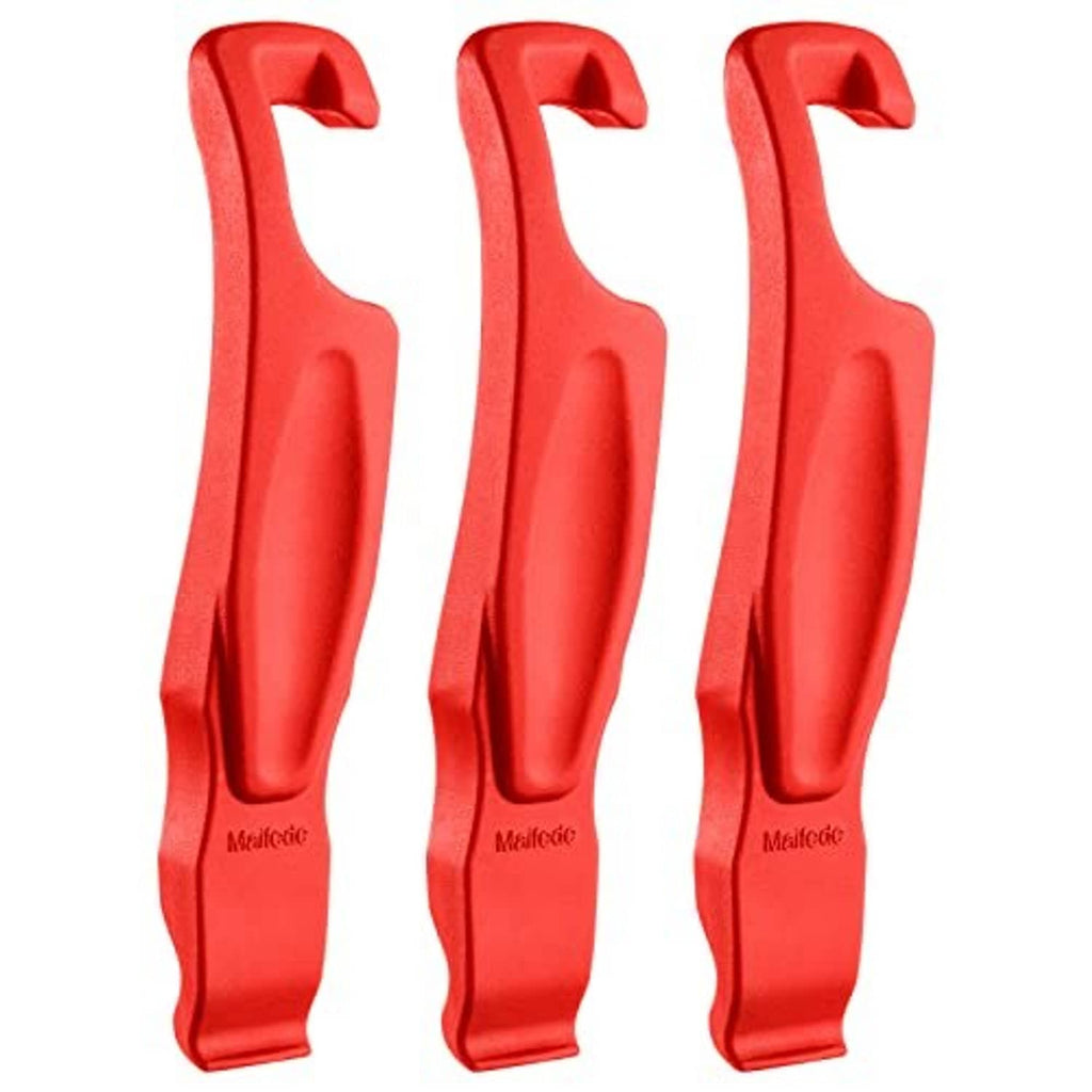 Three red tire levers side by side with J-shaped hook ends
