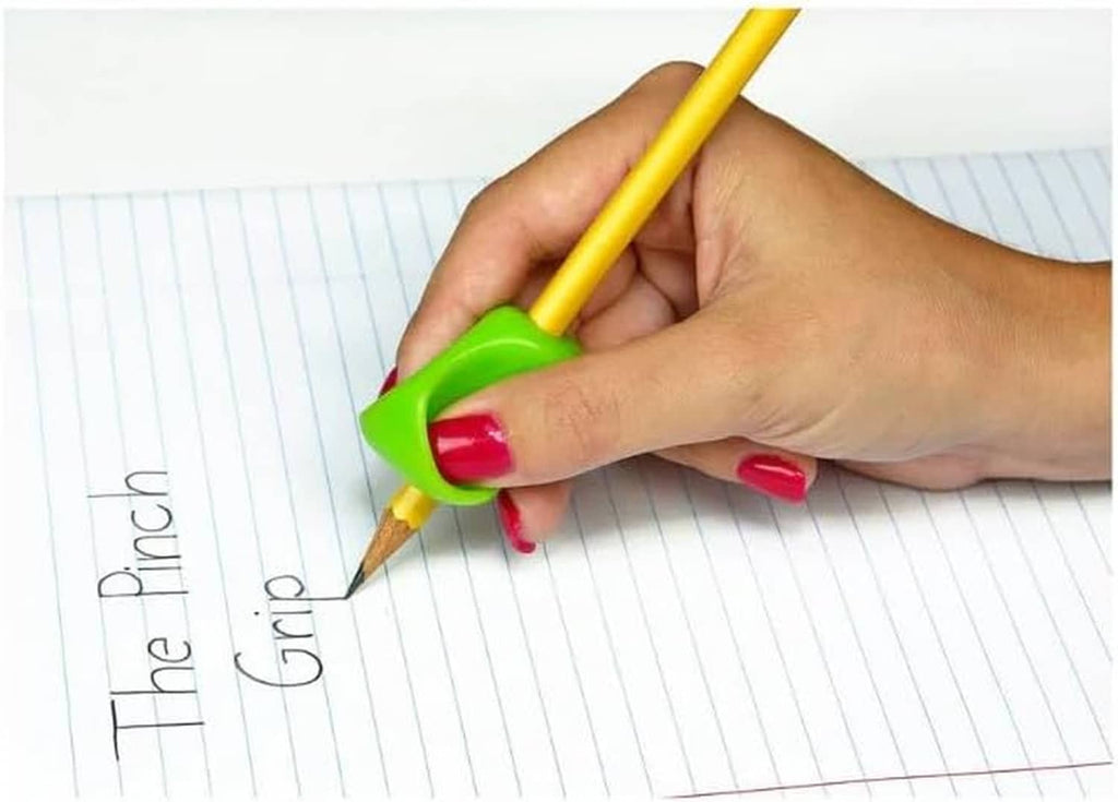 Pencil grip in use: hand writing with yellow pencil fitted with bright green ergonomic grip