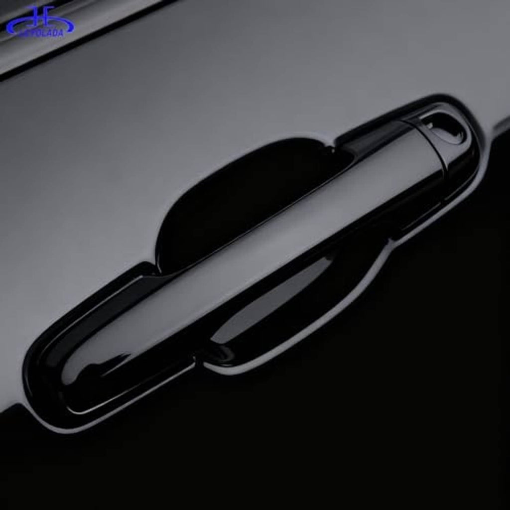Front left exterior door handle exterior, black, close-up of handle surface and trim