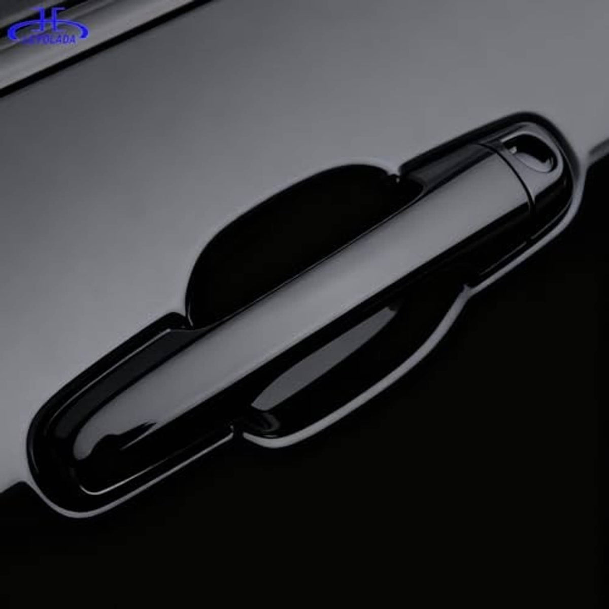 Front left exterior door handle exterior, black, close-up of handle surface and trim