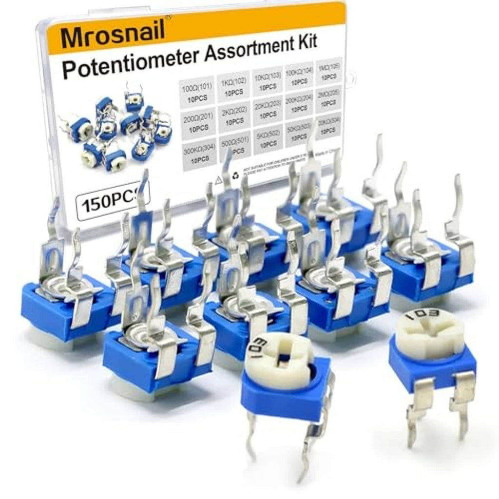 Potentiometer assortment kit showing blue adjustment knobs with metal pins and shafts