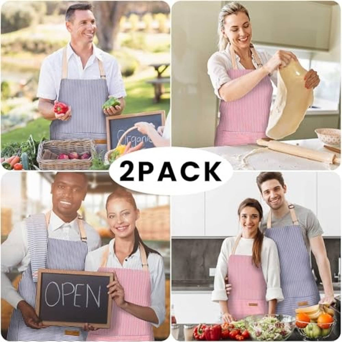 Two-pack of adjustable bib aprons in blue and pink pinstripes with pockets