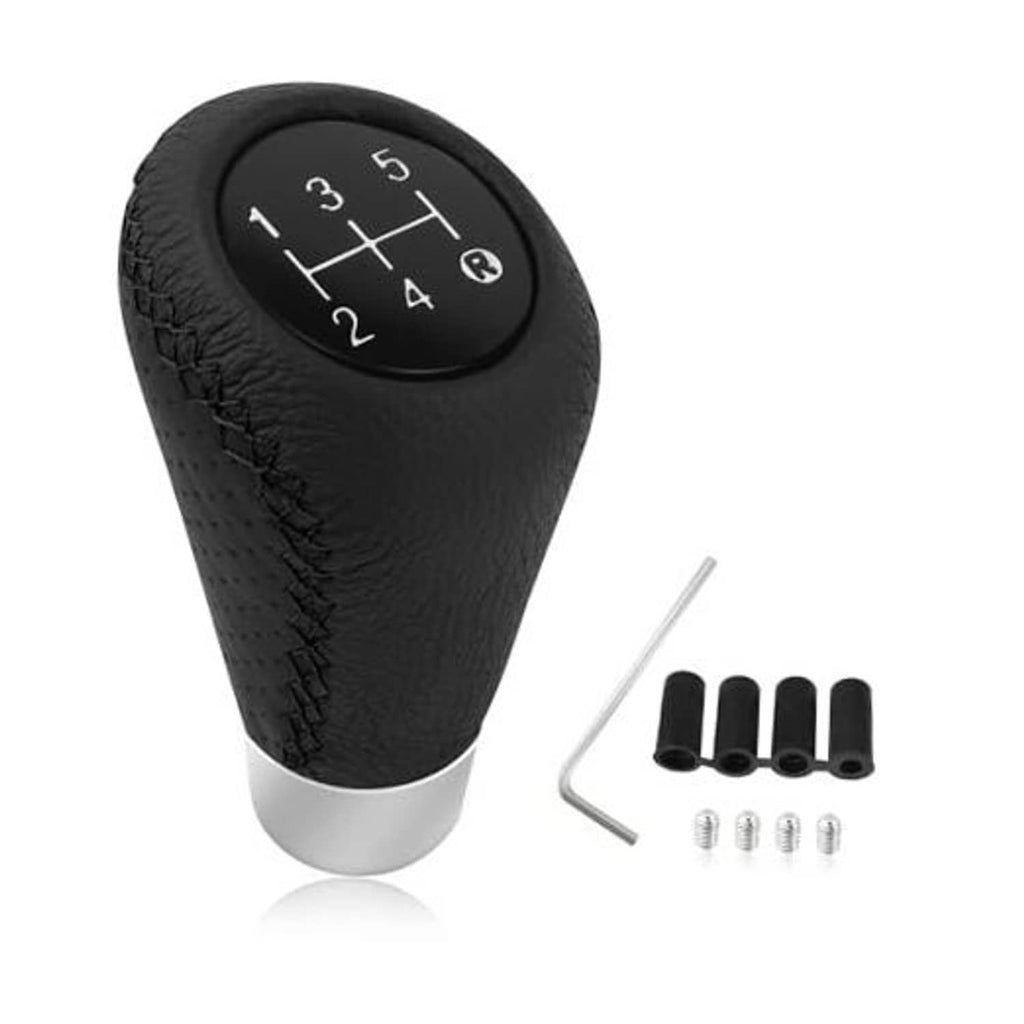 Black leather 5-speed gear shift knob with numbered shift pattern and silver base sleeve