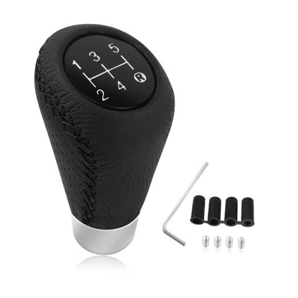 Black leather 5-speed gear shift knob with numbered shift pattern and silver base sleeve
