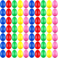 Colorful plastic egg shakers in rows, red blue green yellow pink eggs