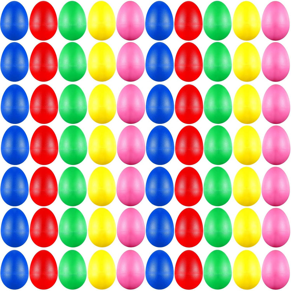 Colorful plastic egg shakers in rows, red blue green yellow pink eggs