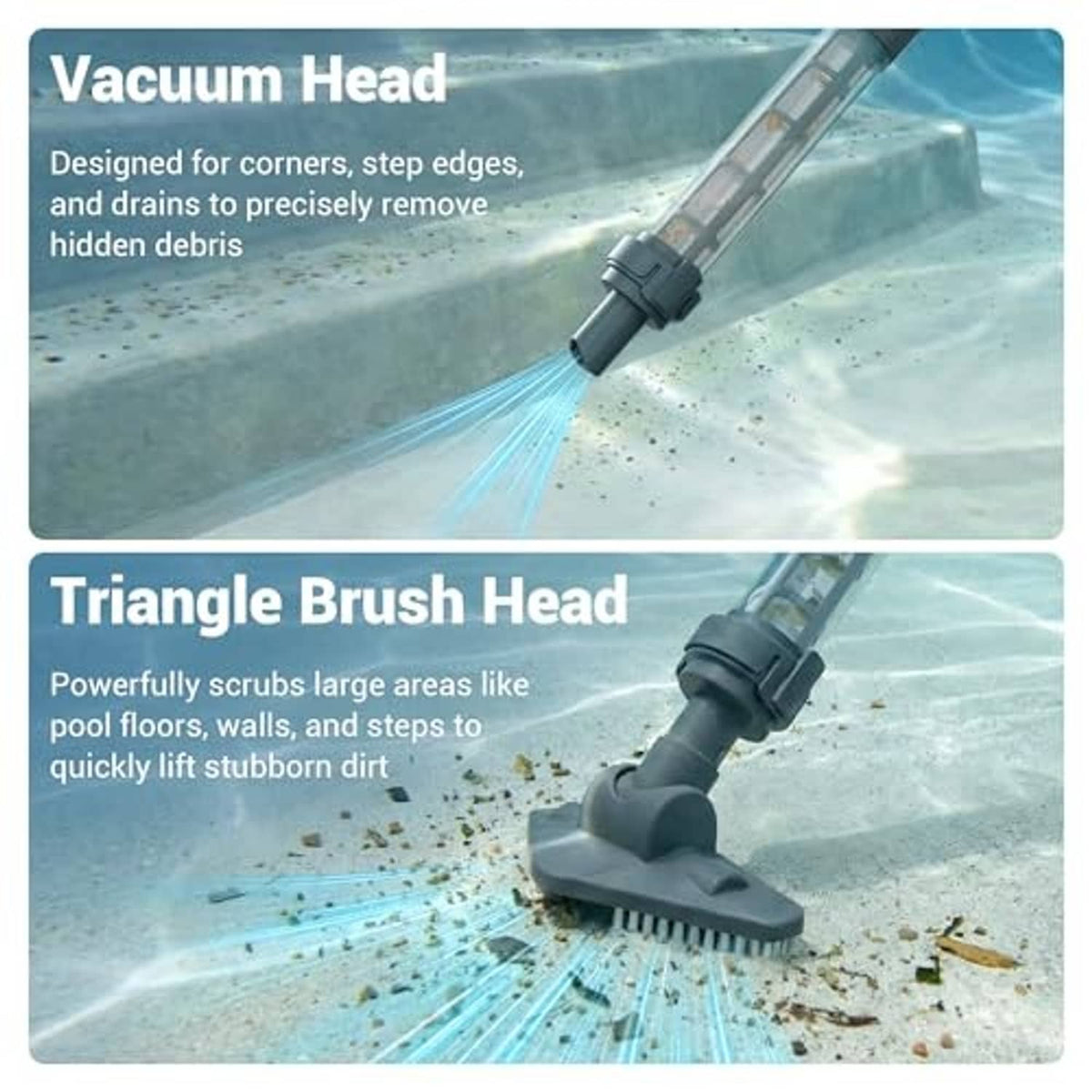 Pool vacuum brush head attachment with scrub bristles for corners and edges