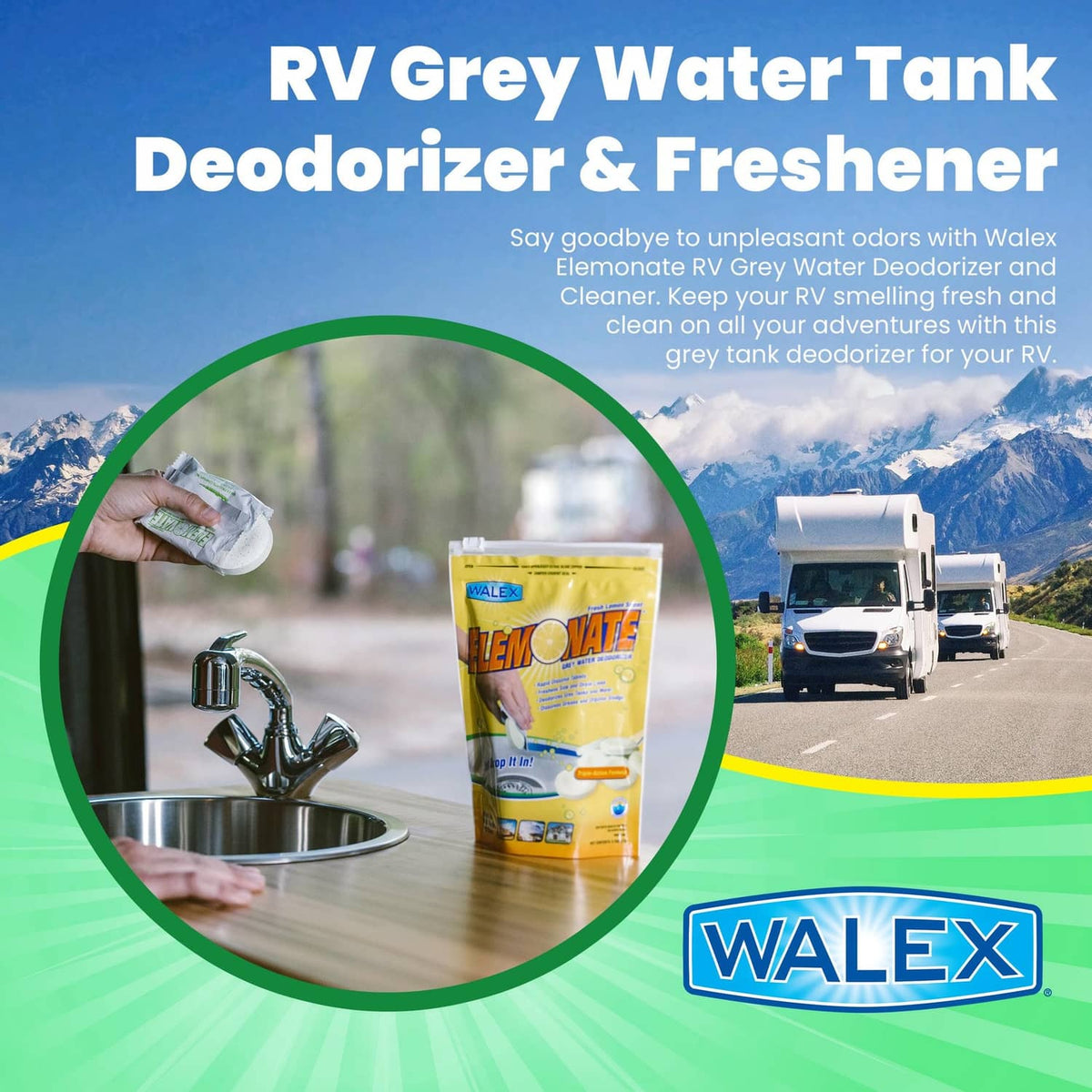 WALEX Elemonate RV grey water tank deodorizer pouch with white dissolving sachet