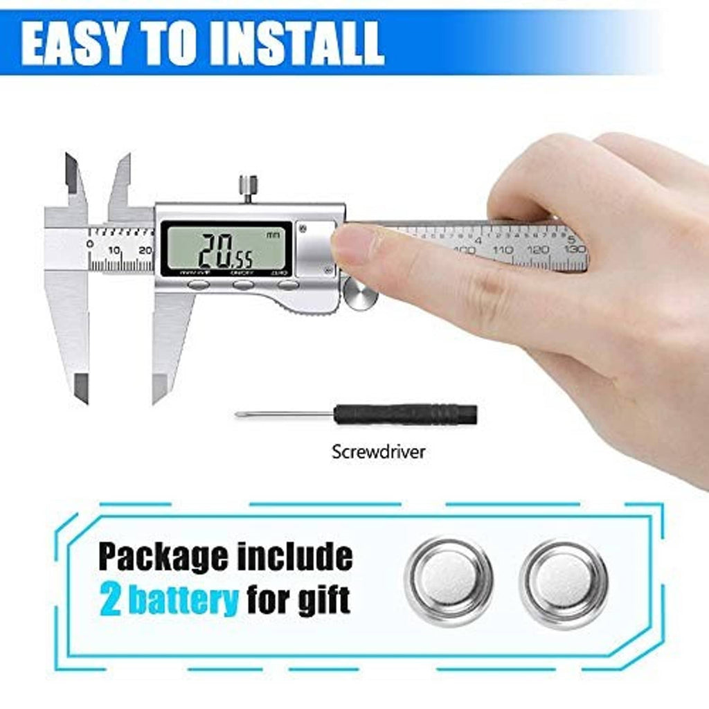 Digital caliper in hand with LCD display; includes screwdriver and two batteries