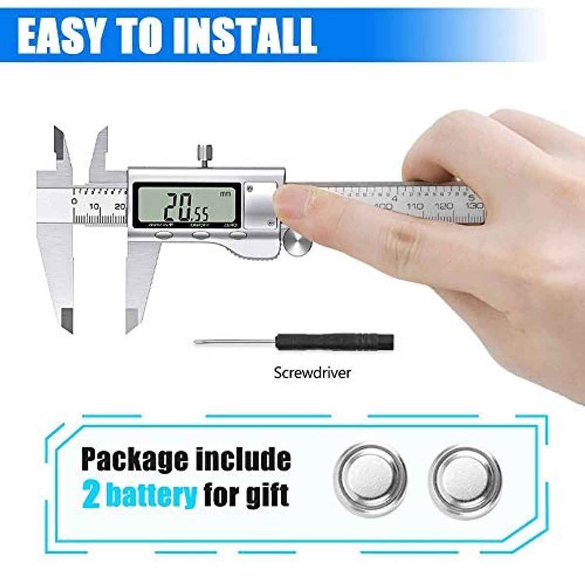 Digital caliper in hand with LCD display; includes screwdriver and two batteries