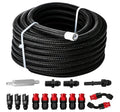 Black braided PTFE fuel line hose coil with assorted end fittings and adapters