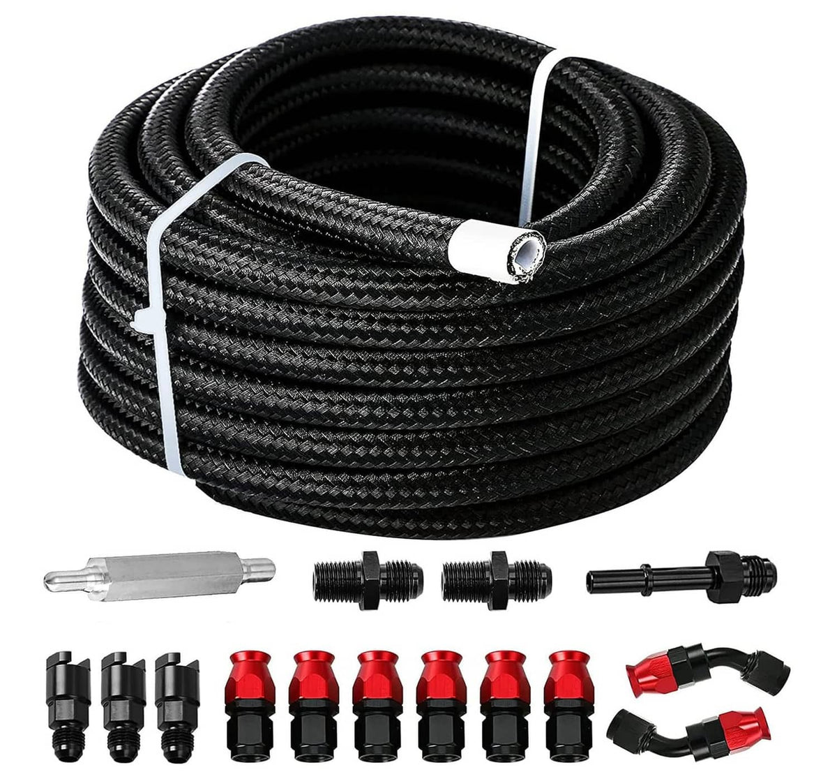 Black braided PTFE fuel line hose coil with assorted end fittings and adapters