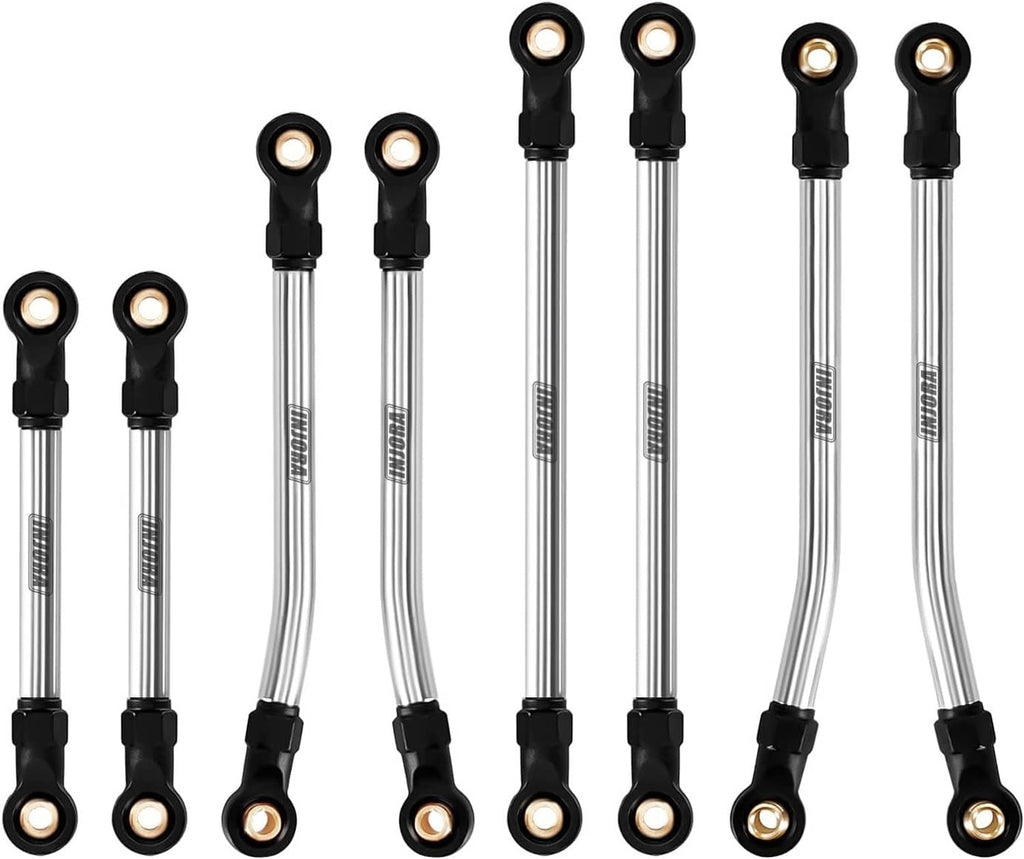 High-clearance steering link rods with black end caps and brass ball joint centers