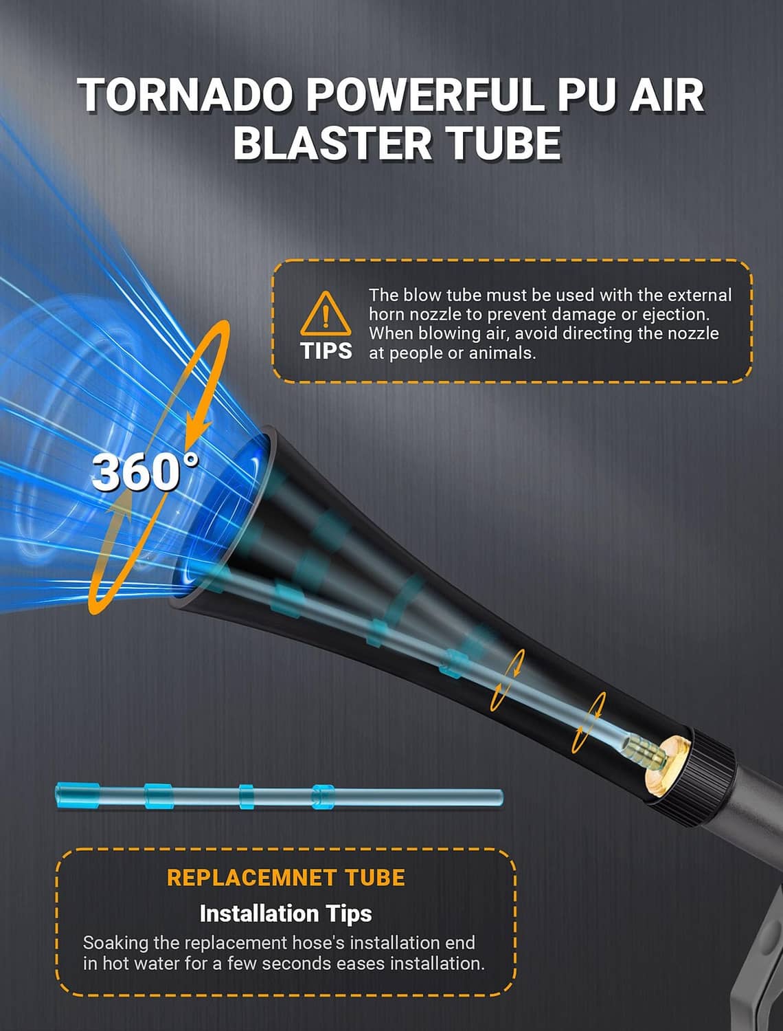 Tornado-style air blower tube with blue accessory sticks and black handle