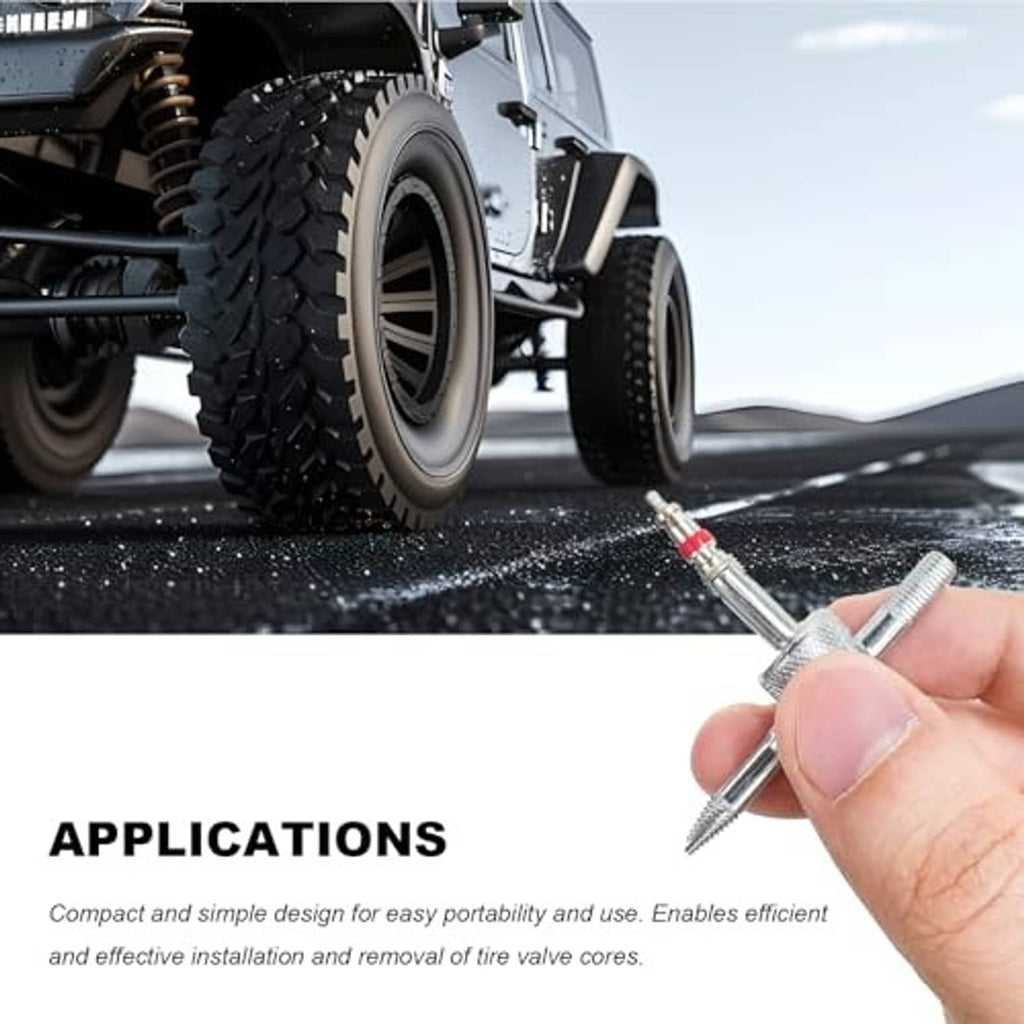 Tire valve core removal tool with metal tip near vehicle tire tread, held by hand