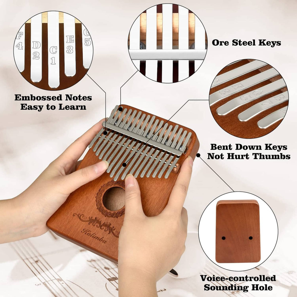 Kalimba thumb piano with metal keys and circular sound hole; ergonomic design for playing