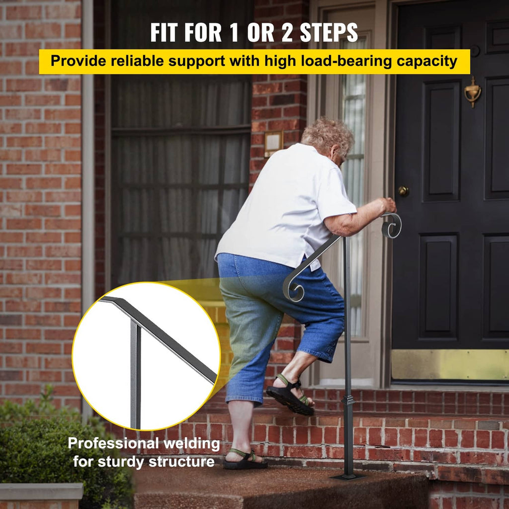 Matte gray single post handrail by a front door, showing curved end grip detail.