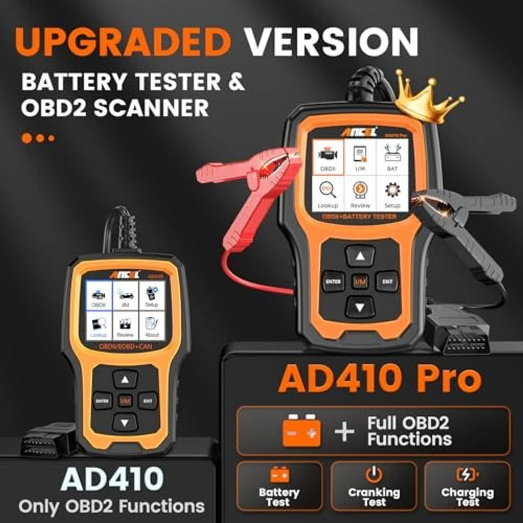 Orange and black OBD2 scanner and battery tester shown with a second handheld unit