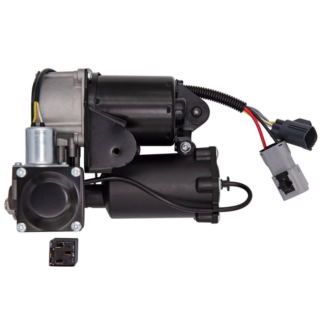 Air suspension compressor pump with black motor housing, silver compressor section, and wiring