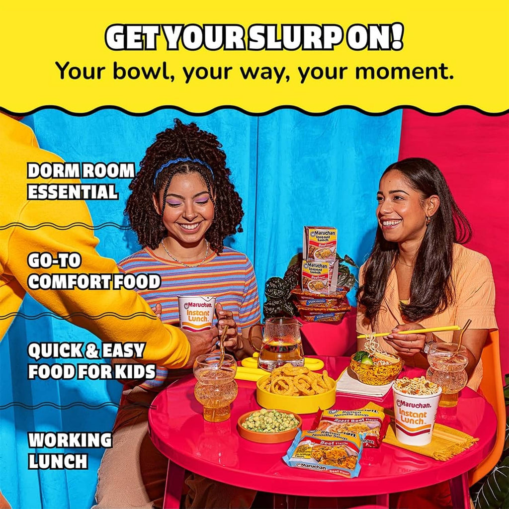 Maruchan ramen noodle soup beef flavor banner for dorm room, quick meals