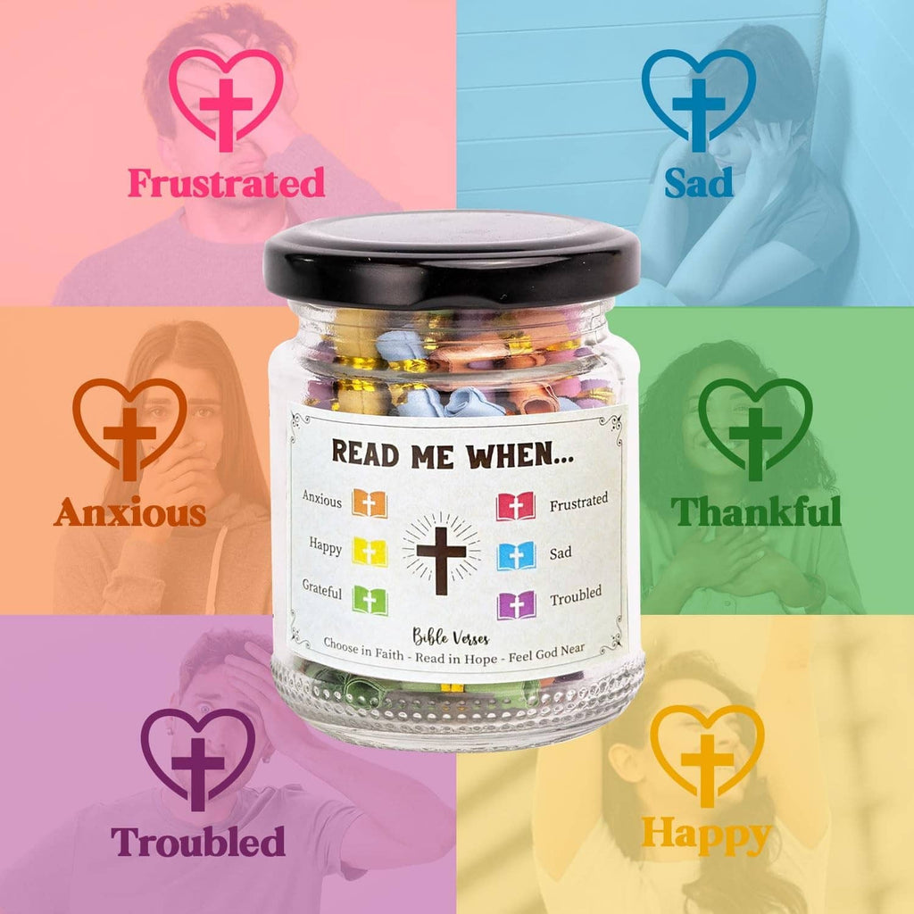 Prayer verse jar with black lid, front label with crosses and color-coded mood squares