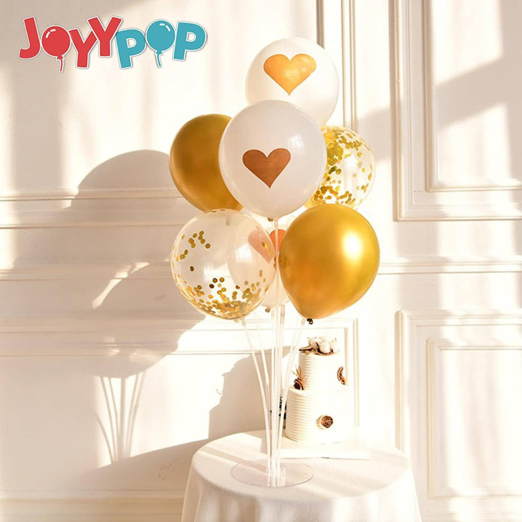 Balloon stand kit with white pole holding heart balloon cluster on a round base