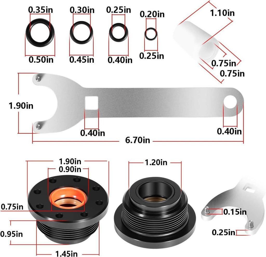 Hydraulic steering seal kit size diagram for gland, wrench, and O-rings