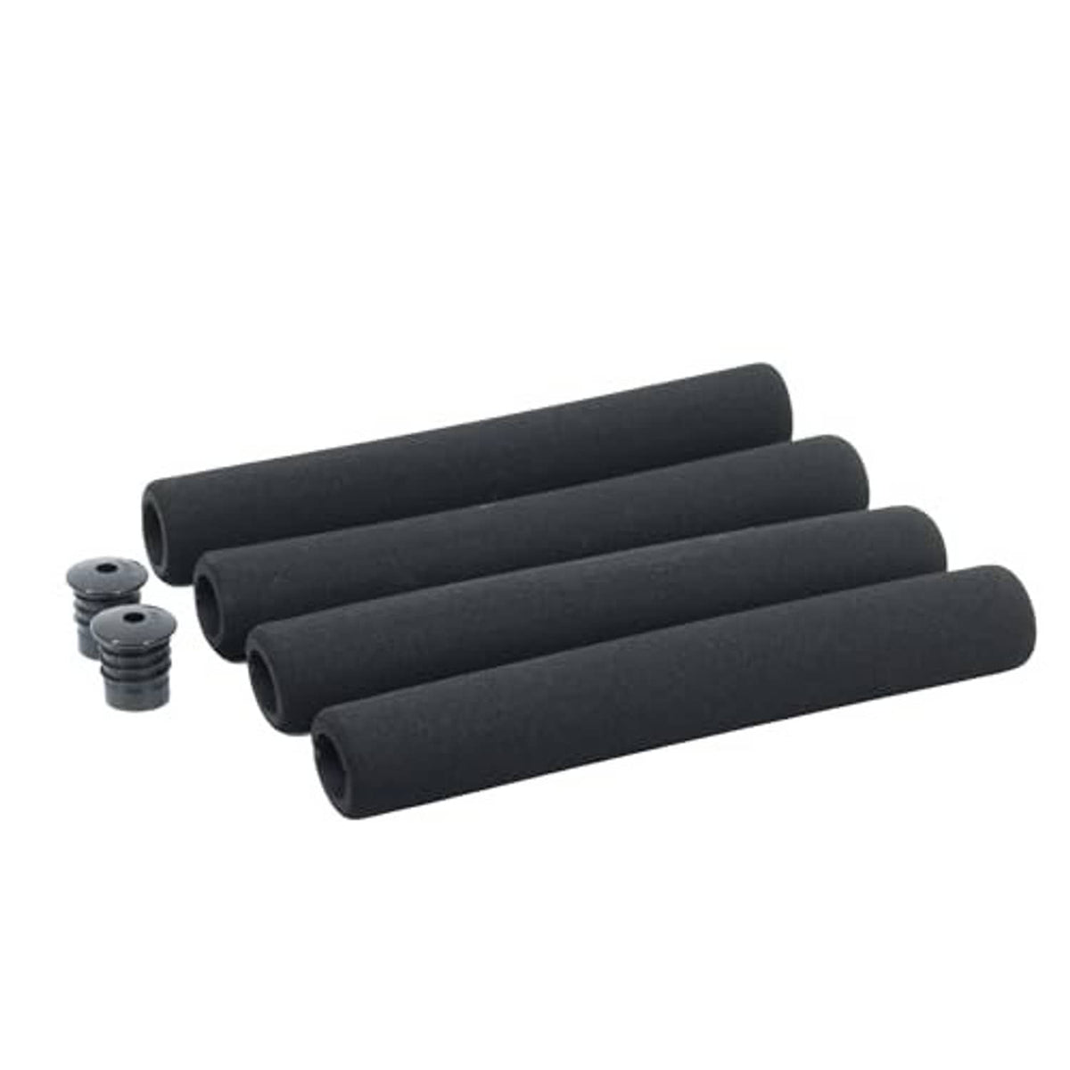 Black foam bicycle handlebar grips set with metal bar-end caps, padded soft texture
